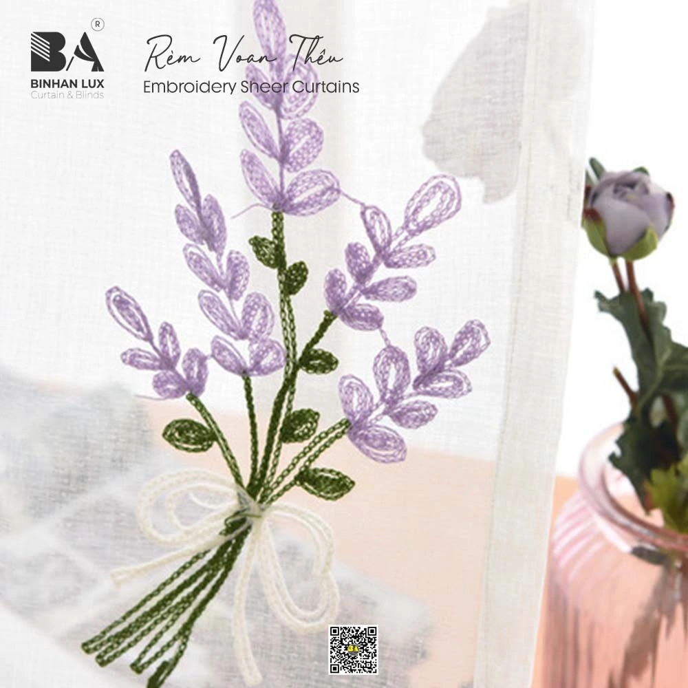 Rèm voan thêu hoa Lavender