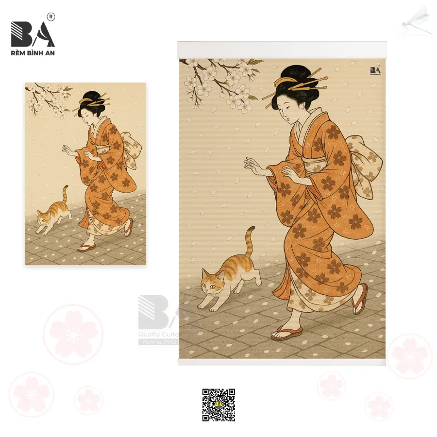 Rèm to ong in Geisha Nhật cách nhiệt cửa kính sang trọng