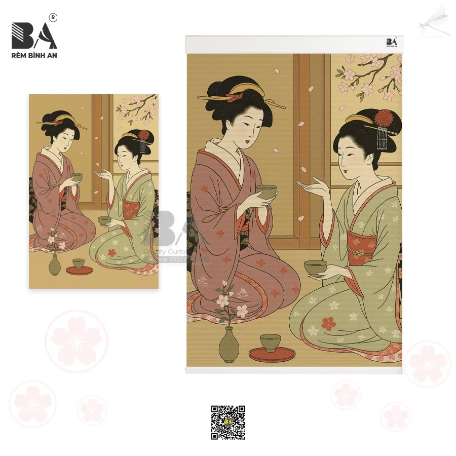 Rèm tổ ong in tranh Geisha Nhật đèn lồng chống nắng