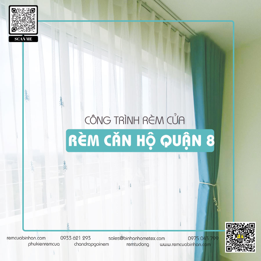 Thi công lắp đặt rèm voan thêu hoa và rèm vải chống nắng màu xanh ngọc tại Quận 8 | Rèm cửa Bình An