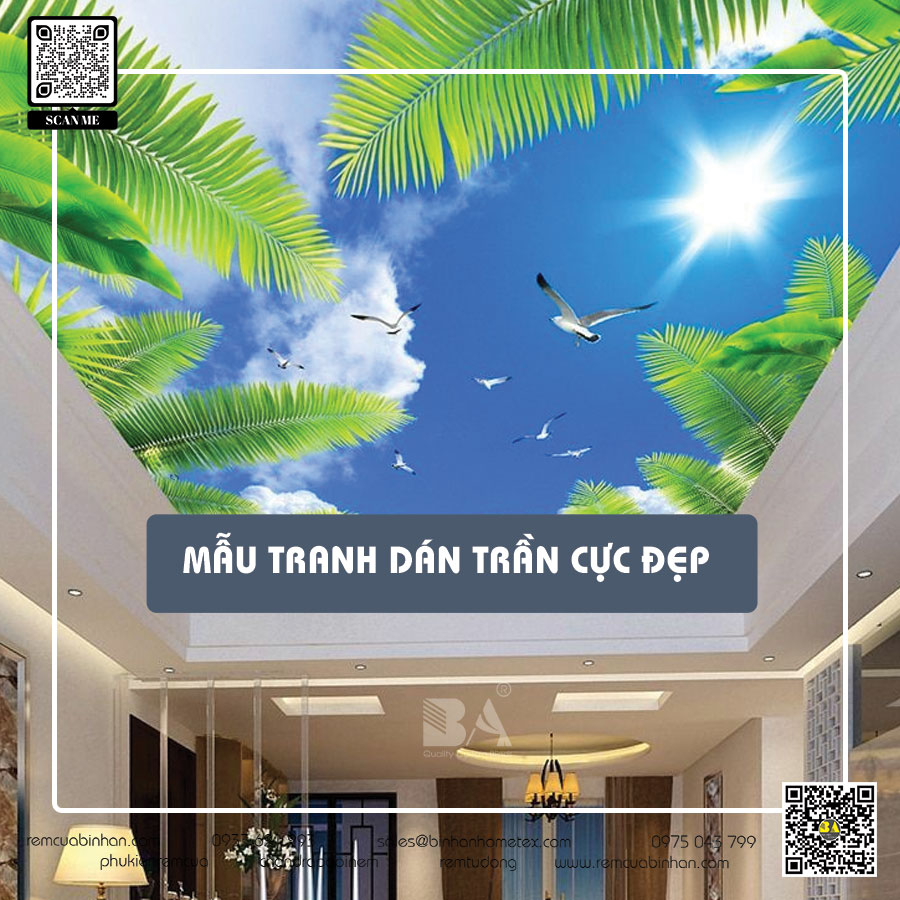 Tranh dán tường trần nhà cao cấp - Tranh vải dán tường Bình An
