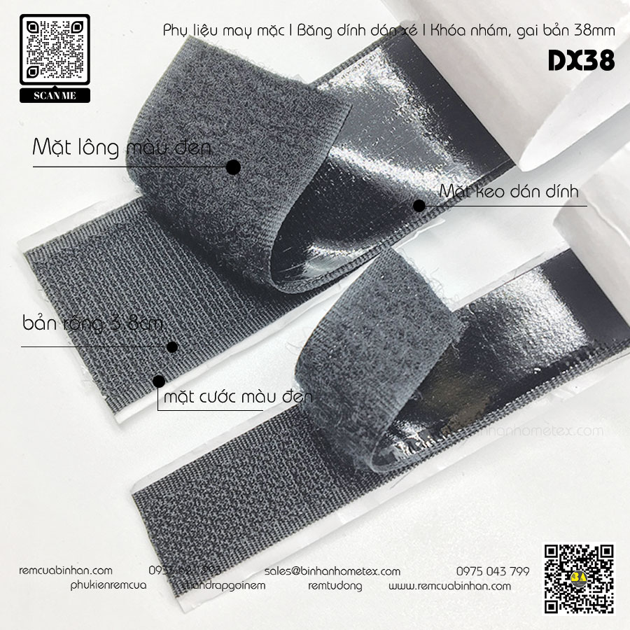 Băng dán dính xé Khóa nhám keo sẵn dán xé 2 mặt DX38 W38mm