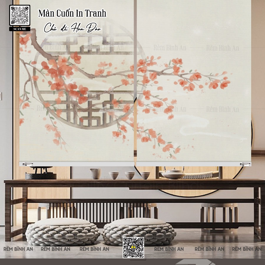 Màn cuốn in tranh hoa đào