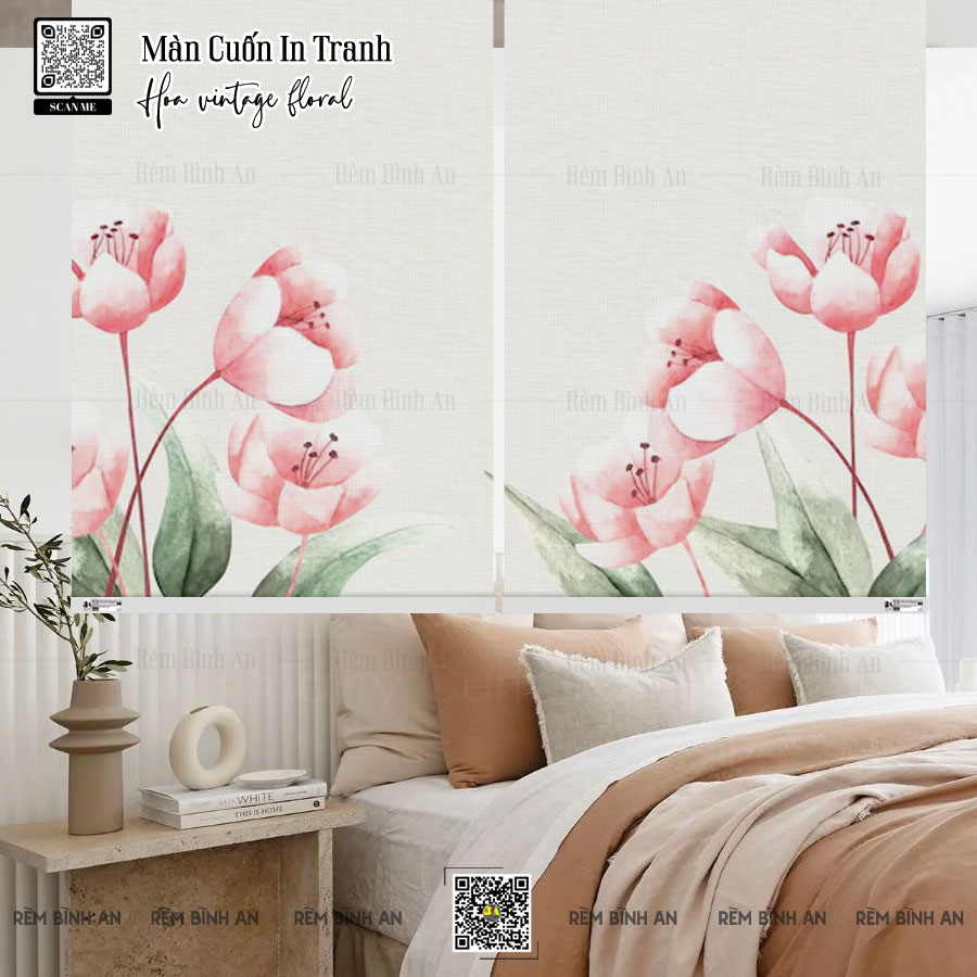 Màn cuốn in tranh hoa vintage