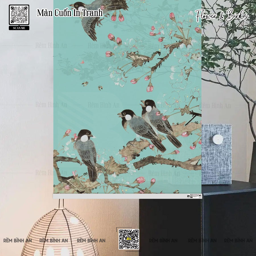 Màn cuốn tranh cổ điển chim và hoa
