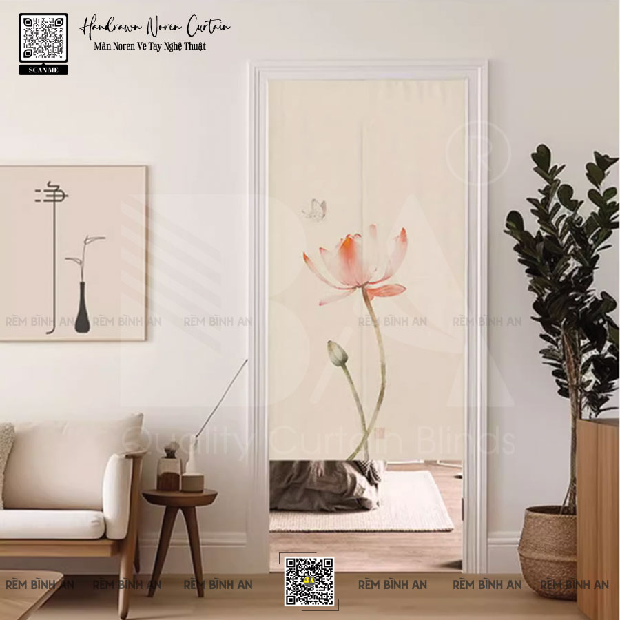 Màn Noren Hoa Sen Vẽ Tay Nghệ Thuật