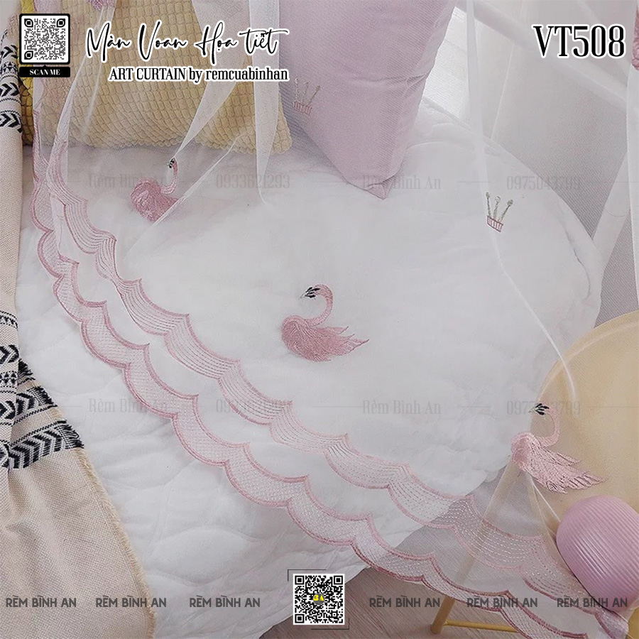 Màn Voan Thêu Họa Tiết - Rèm Voan Hồng Xinh Xắn VT508