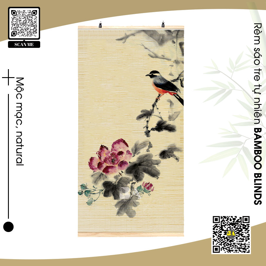 Mành tre trúc in tranh chim và hoa cổ điển