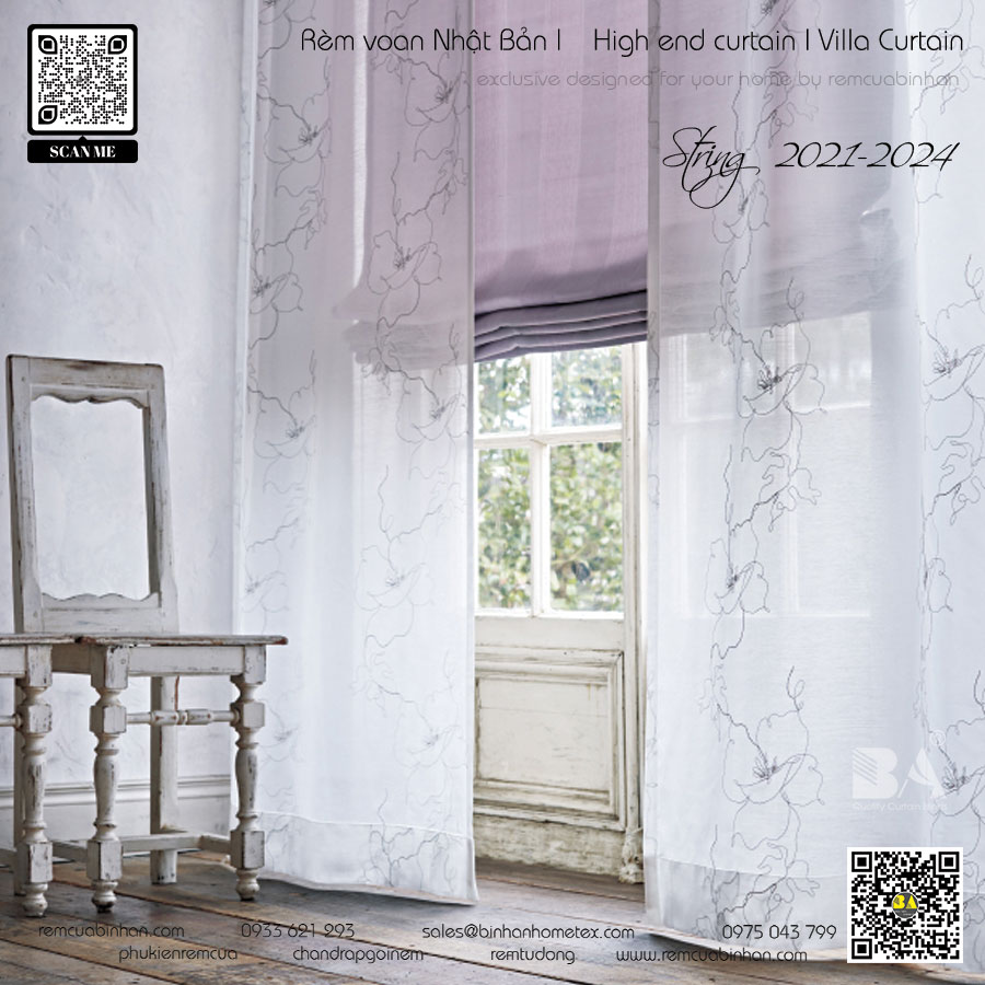 Mẫu rèm voan thêu Nhật Bản họa tiết hoa cổ điển vintage