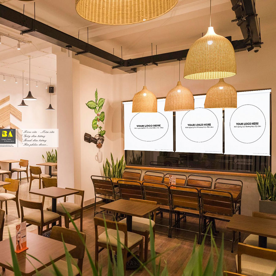 Rèm cuốn in logo thương hiệu Rèm cuốn quảng cáo hình logo quán cà phê