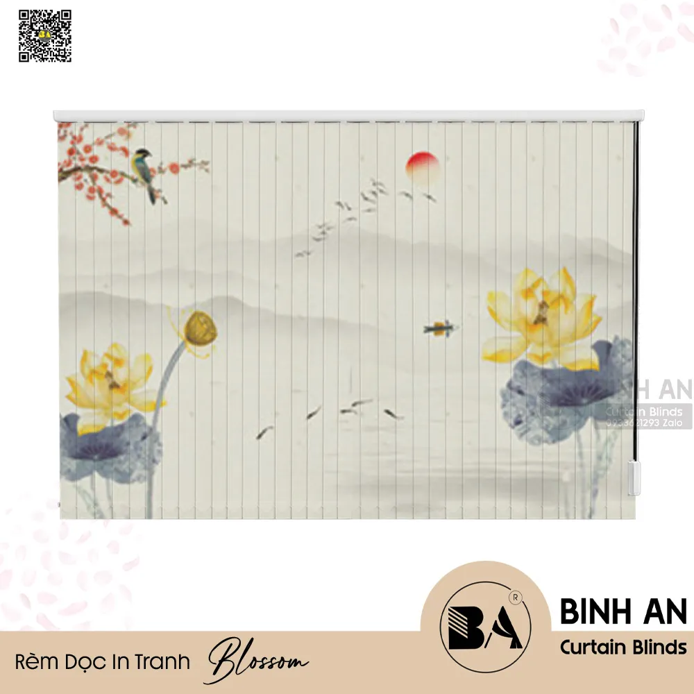 Rèm sáo dọc in tranh hoa sen theo yêu cầu