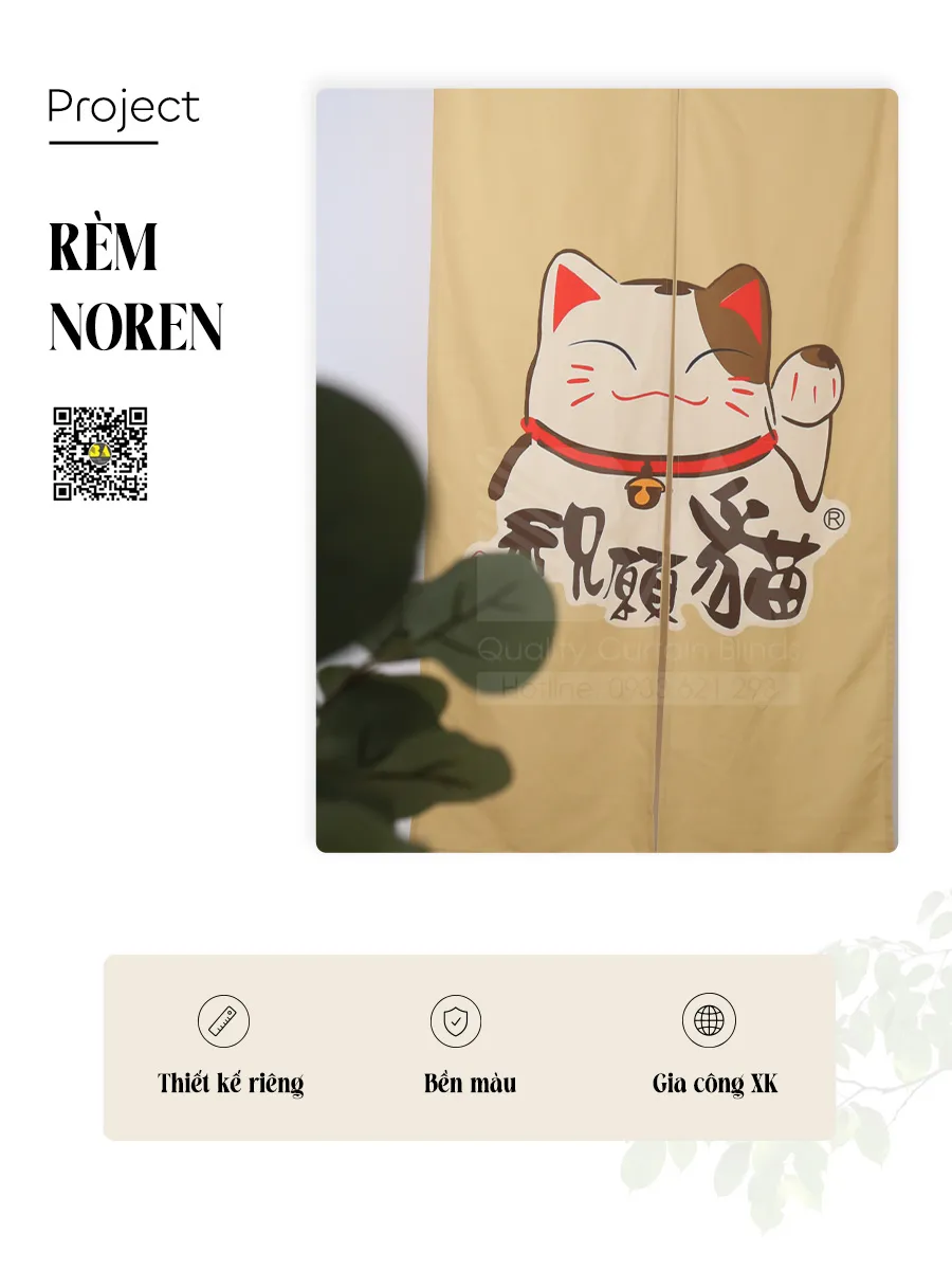 Rèm Nhật In Mèo Tài Lộc May Mắn Vải Canvas In 2 Mặt