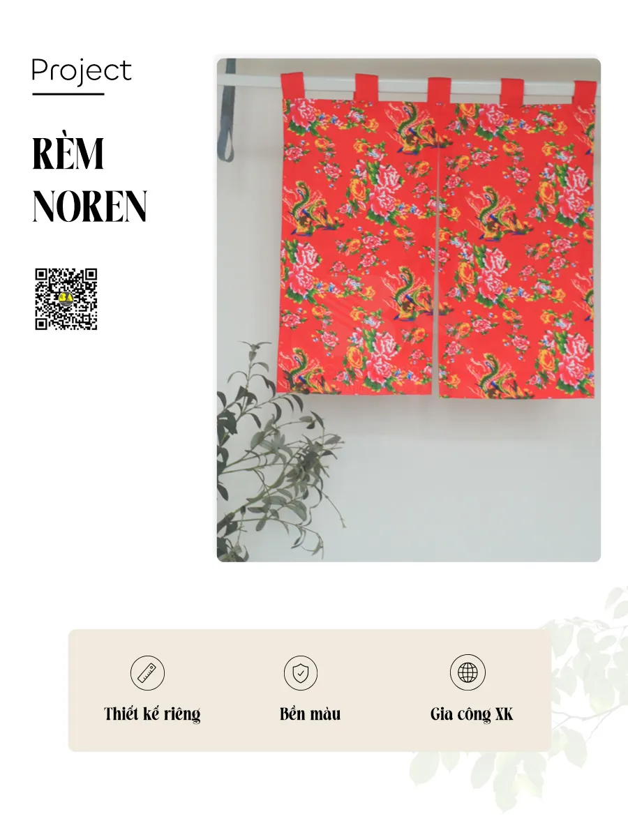 Rèm Noren Họa Tiết Mẫu Đơn Truyền Thống – Rèm Cửa Hoa Văn Á Đông