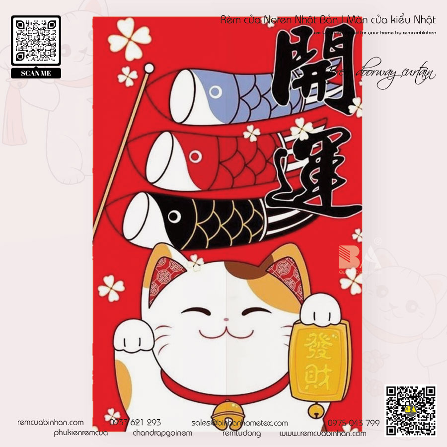 Rèm Noren Họa Tiết Mèo Thần Tài