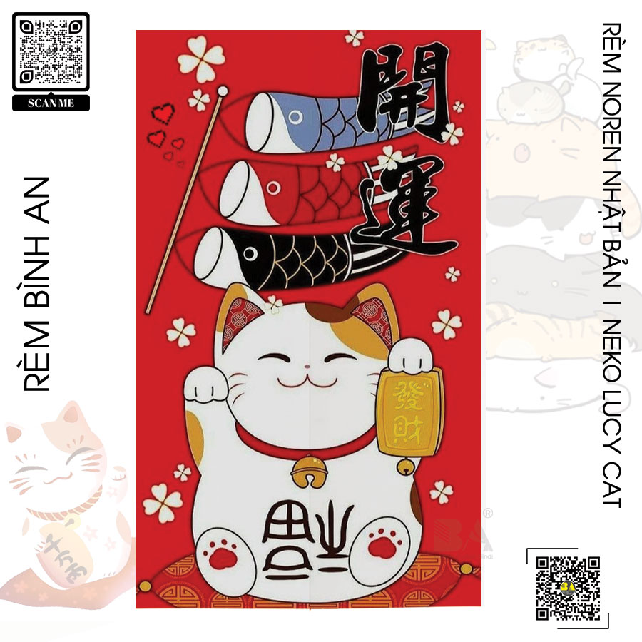 Rèm Noren Họa Tiết Mèo Thần Tài Neko Lucy Cat Phong Cách Nhật Bản