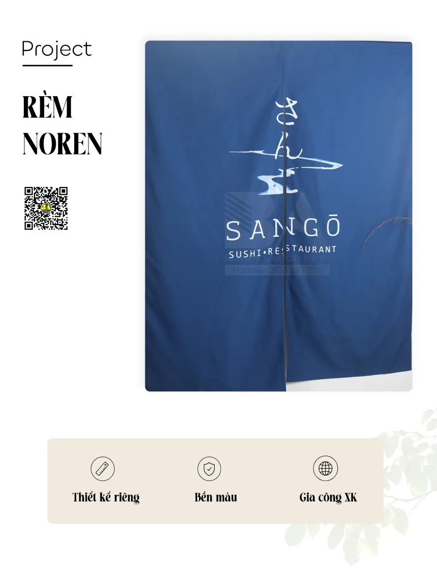 Rèm Noren In Logo Nhà Hàng Nhật Bản SANGO Màu Xanh Cobalt