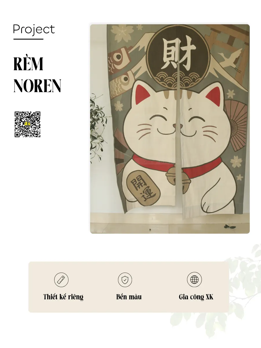 Rèm Noren Mèo Thần Tài Maneki Neko Nhật Bản