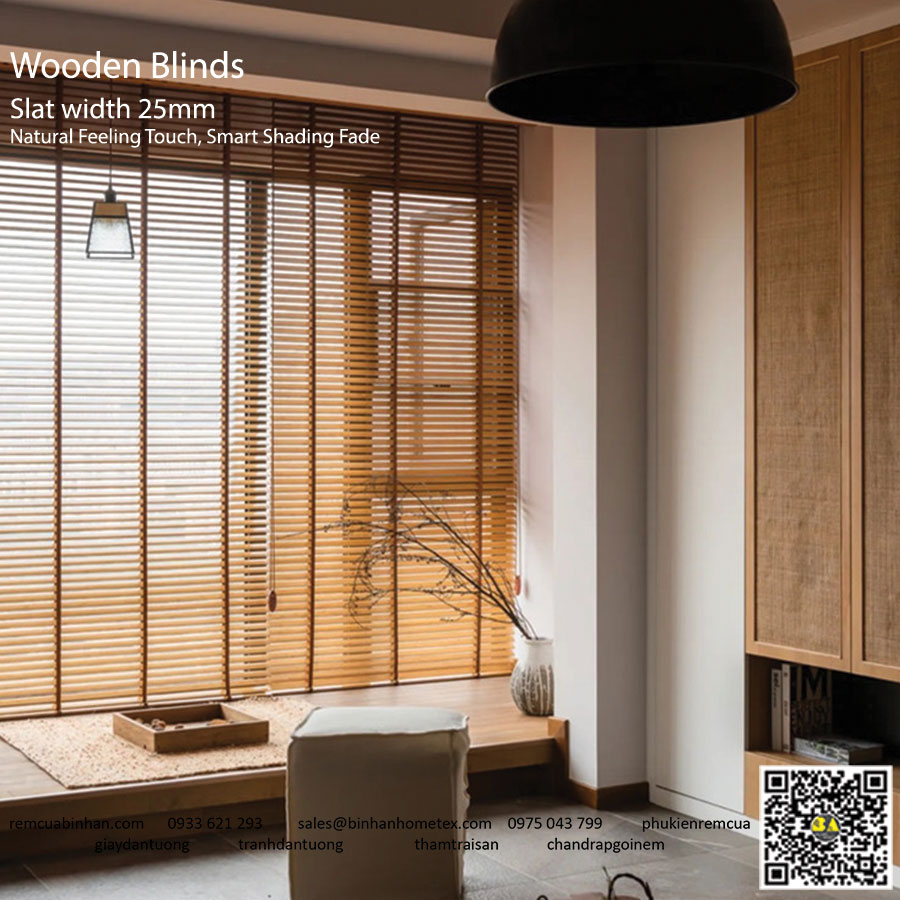 Rèm sáo gỗ màu nâu bản lá 25mm Rèm gỗ văn phòng