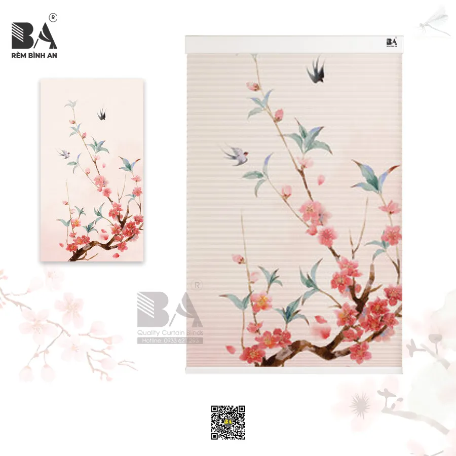 Rèm Tổ Ong In Tranh Hoa Đào Nhật