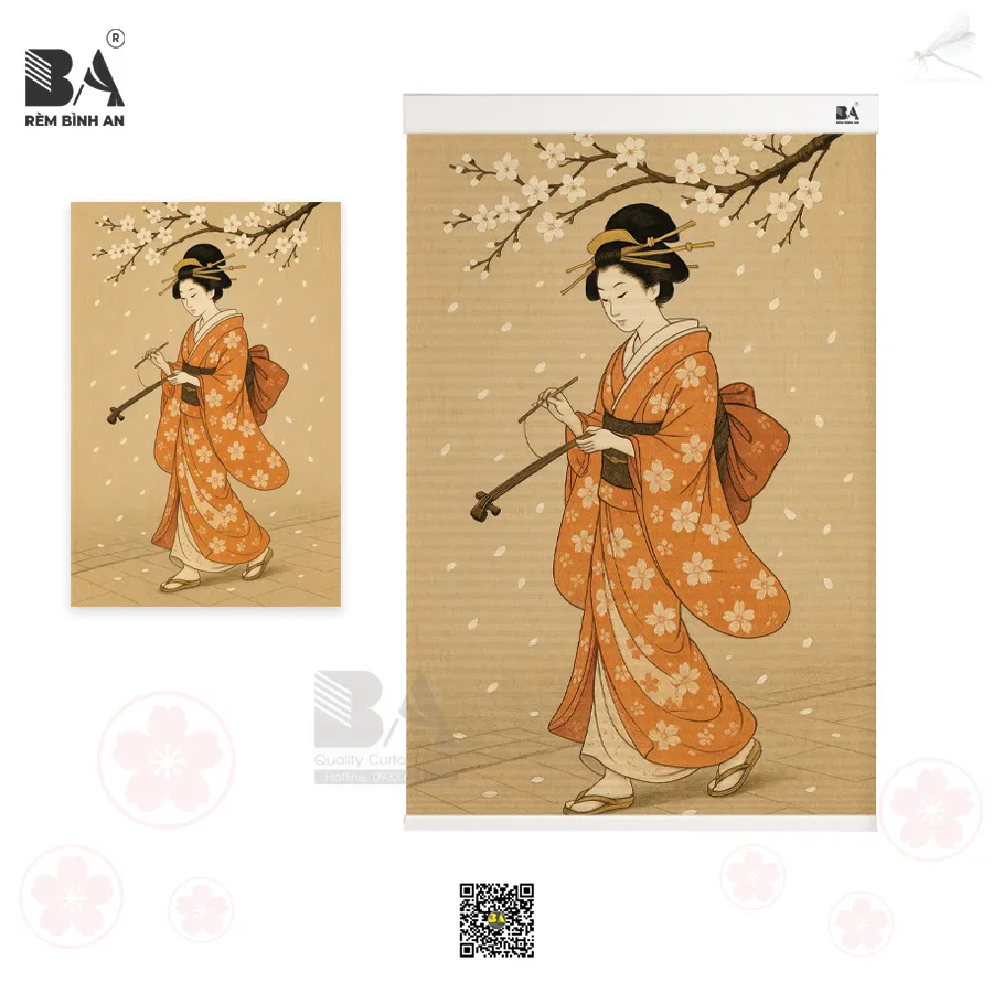 Rèm tổ ong in tranh Geisha Nhật | Rèm Cửa Bình An