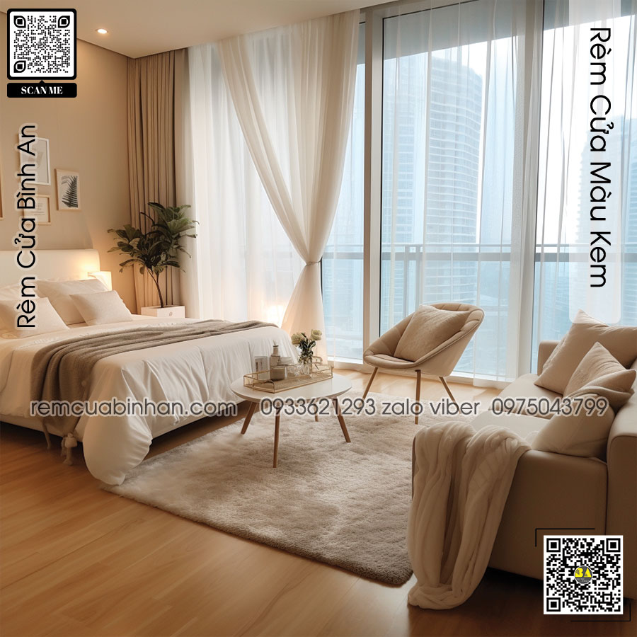 Rèm vải màu kem phối tường màu tinh tế - RÈM BÌNH AN