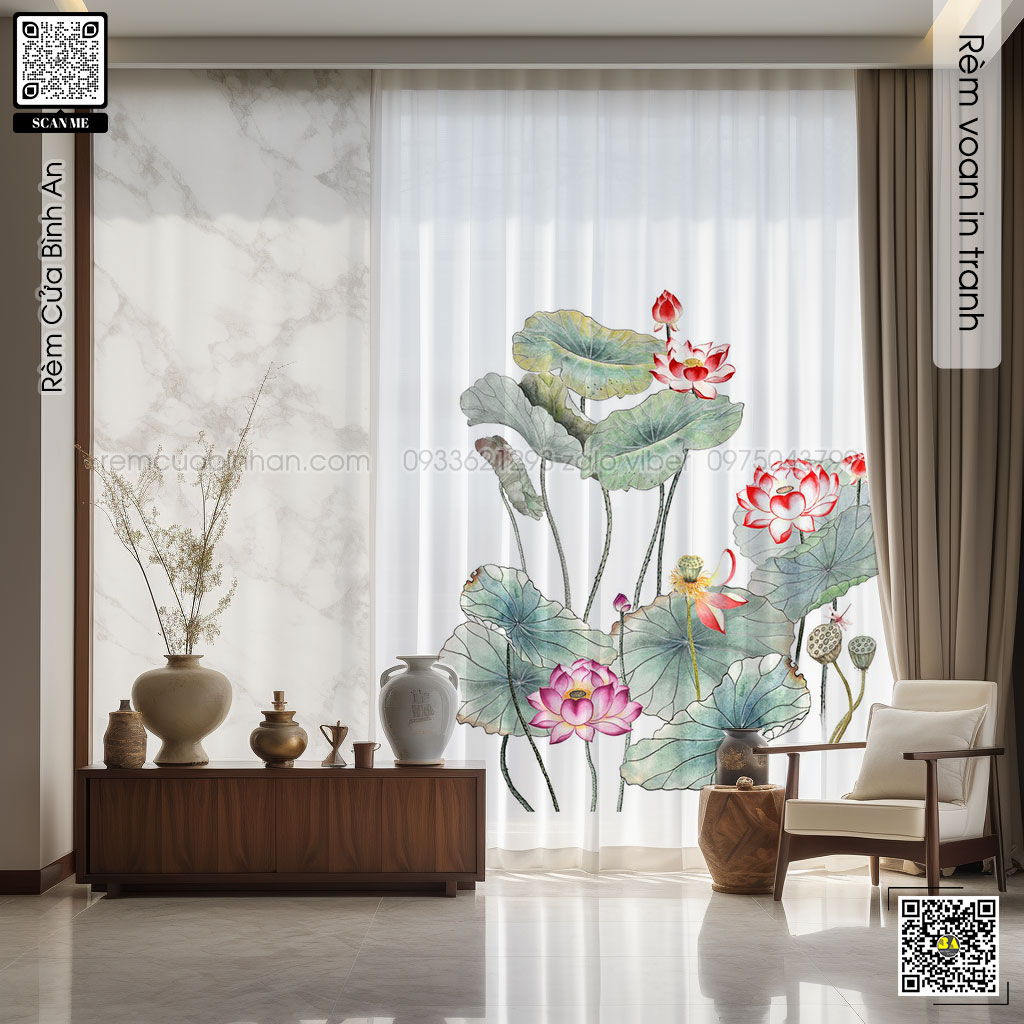 Rèm voan in tranh cổ điển màn voan in tranh thiền rèm phòng thờ đẹp