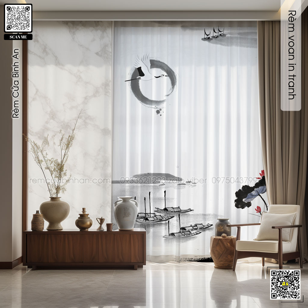 Rèm voan in tranh thủy mặc cổ điển | RÈM BÌNH AN