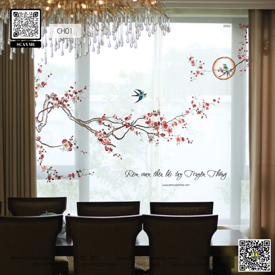 Rèm Voan Thêu Chim & Hoa Màn Voan Thêu Lắc Tay Truyền Thống