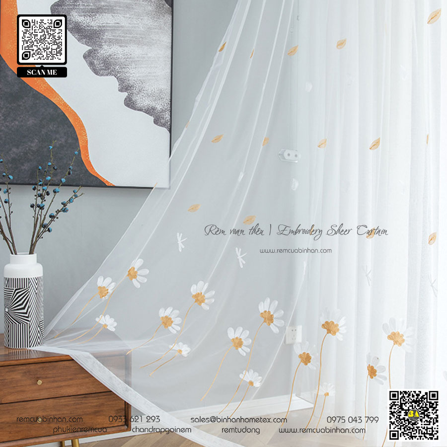 Rèm Voan Thêu Hoa Cúc Mùa Thu Lãng Mạn Màn Voan Đẹp Rèm Voan