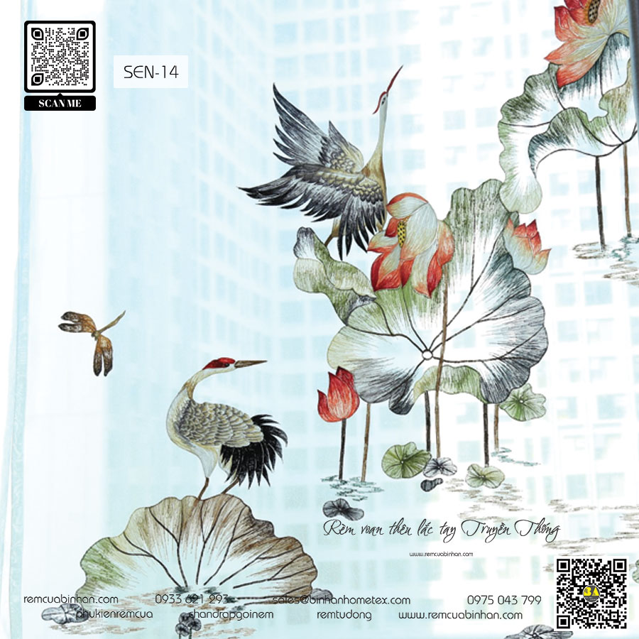 Rèm Voan Thêu Hoa Sen Màn Voan Thêu Lắc Tay Nghệ Thuật