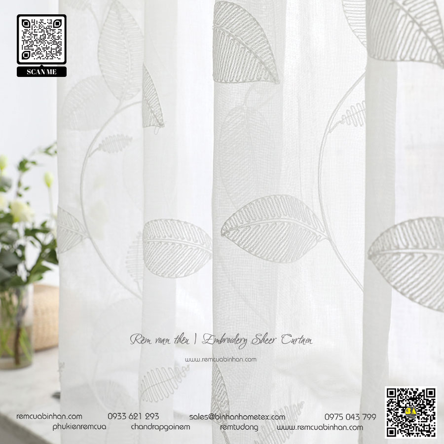 Rèm Voan Thêu Lá Hoa Vintage Màn Voan Thêu Đẹp VT07