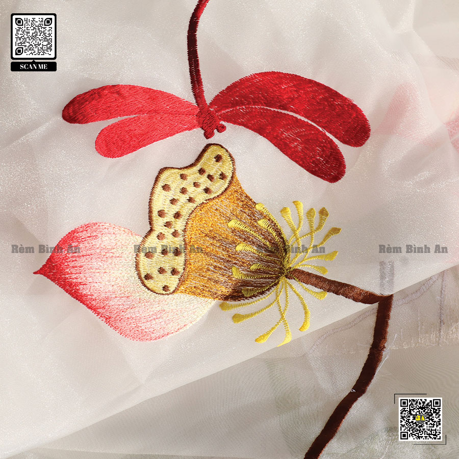 Rèm Voan Thêu Lắc Tay - Màn Voan Hoa Sen BÌNH AN