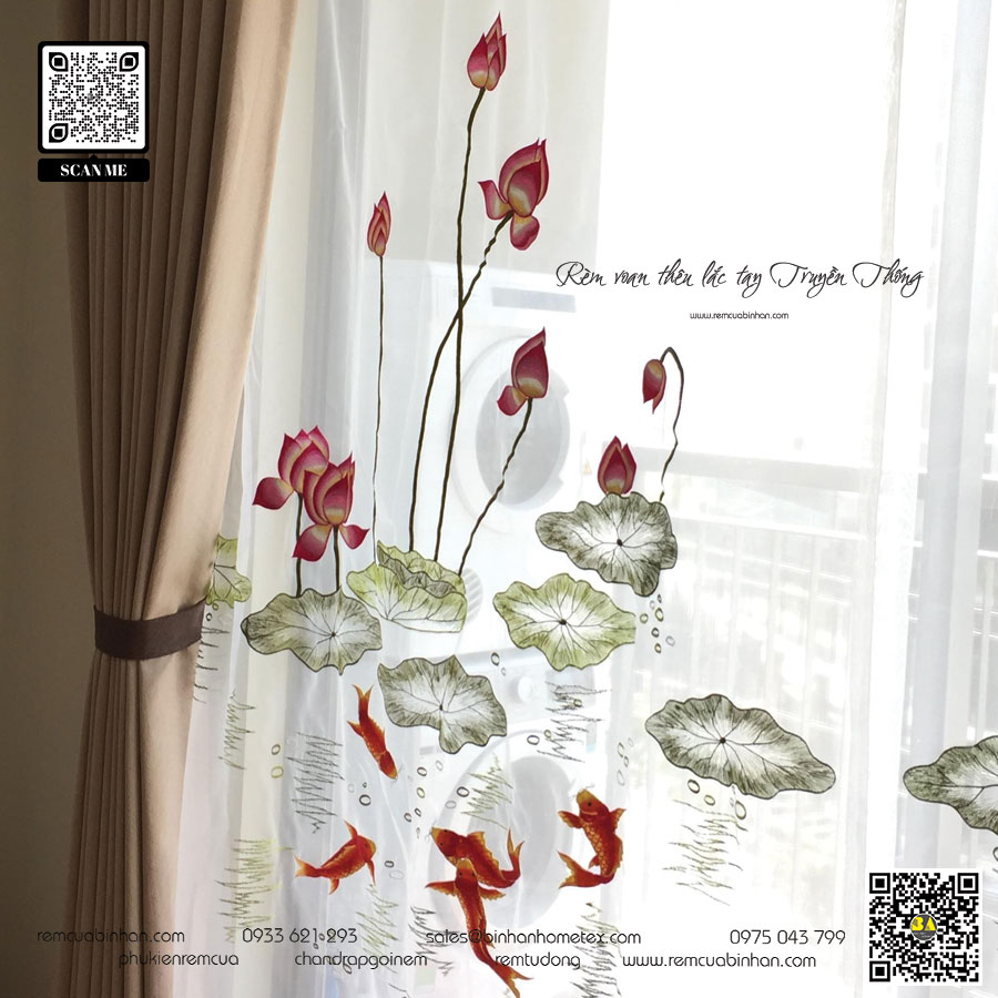 Rèm Voan Thêu Vườn Sen Và Cá Chép Màn Voan Thêu Thủ Công Truyền Thống