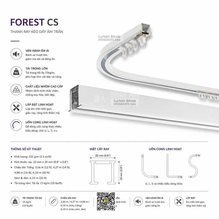 Thanh Ray Kéo Tay CS Forest Bi Tự Do Âm Trần Cho Rèm Xếp Ly-4