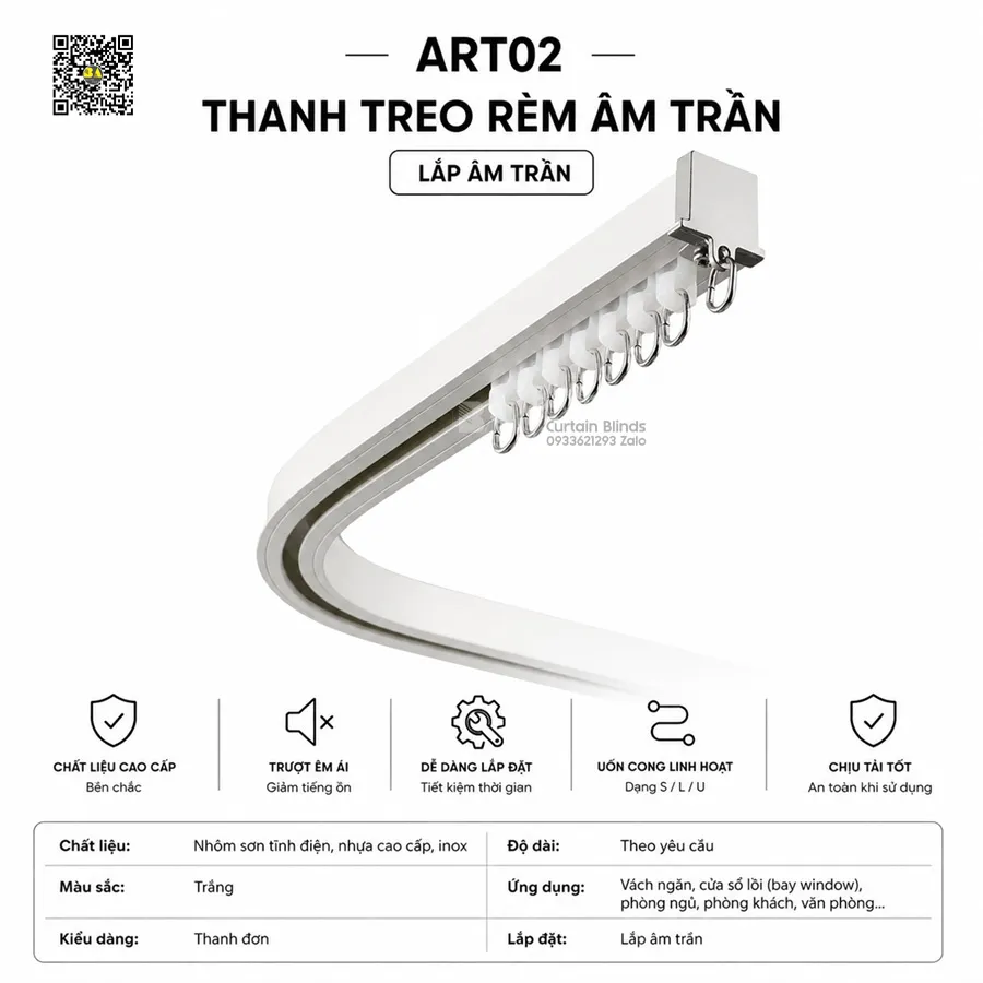 Thanh Treo Rèm Âm Trần Uốn Cong ART02 20×20mm