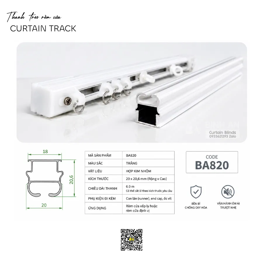 Thanh Treo Rèm Cửa Dạng Trượt BA820 – Ray Trượt Rèm Nhôm Sơn Trắng, Trượt Êm, Cắt Theo Kích Thước