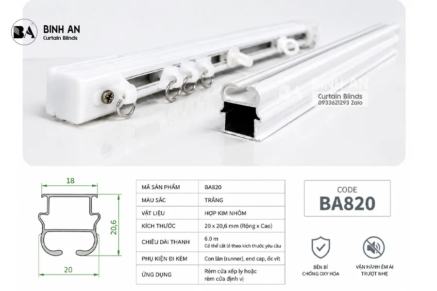 Thanh Treo Rèm Cửa Xếp Ly Định Vị BA820 | Ray Trượt Rèm Nhôm Giảm Ồn-4