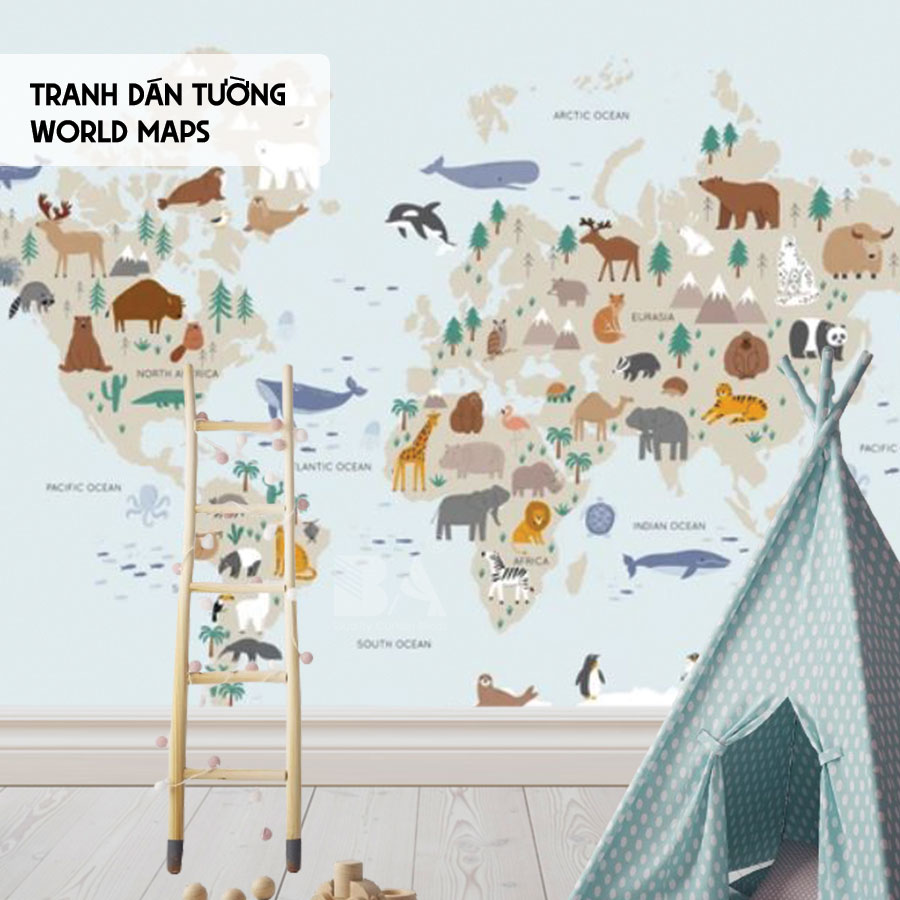 Tranh Dán Tường Bản Đồ Thế Giới - Bình An